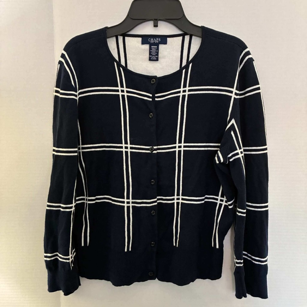 Chaps Cardigan Sweater Womens M Navy White Windowpane Plaid 100% Cotton Preppy